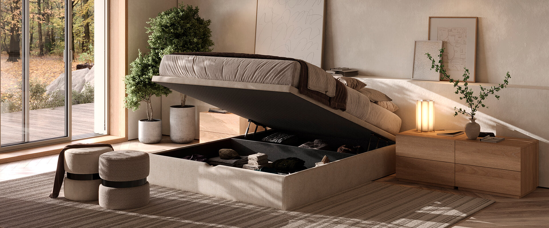 Quarto moderno e elegante. Sommier com arrumação em tampo elevatório aberto.