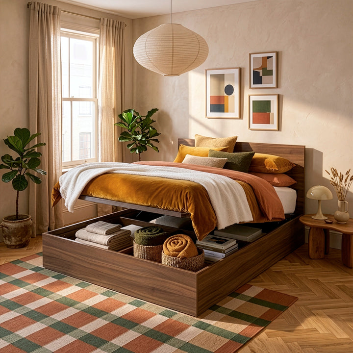 Cama com arrumação em madeira