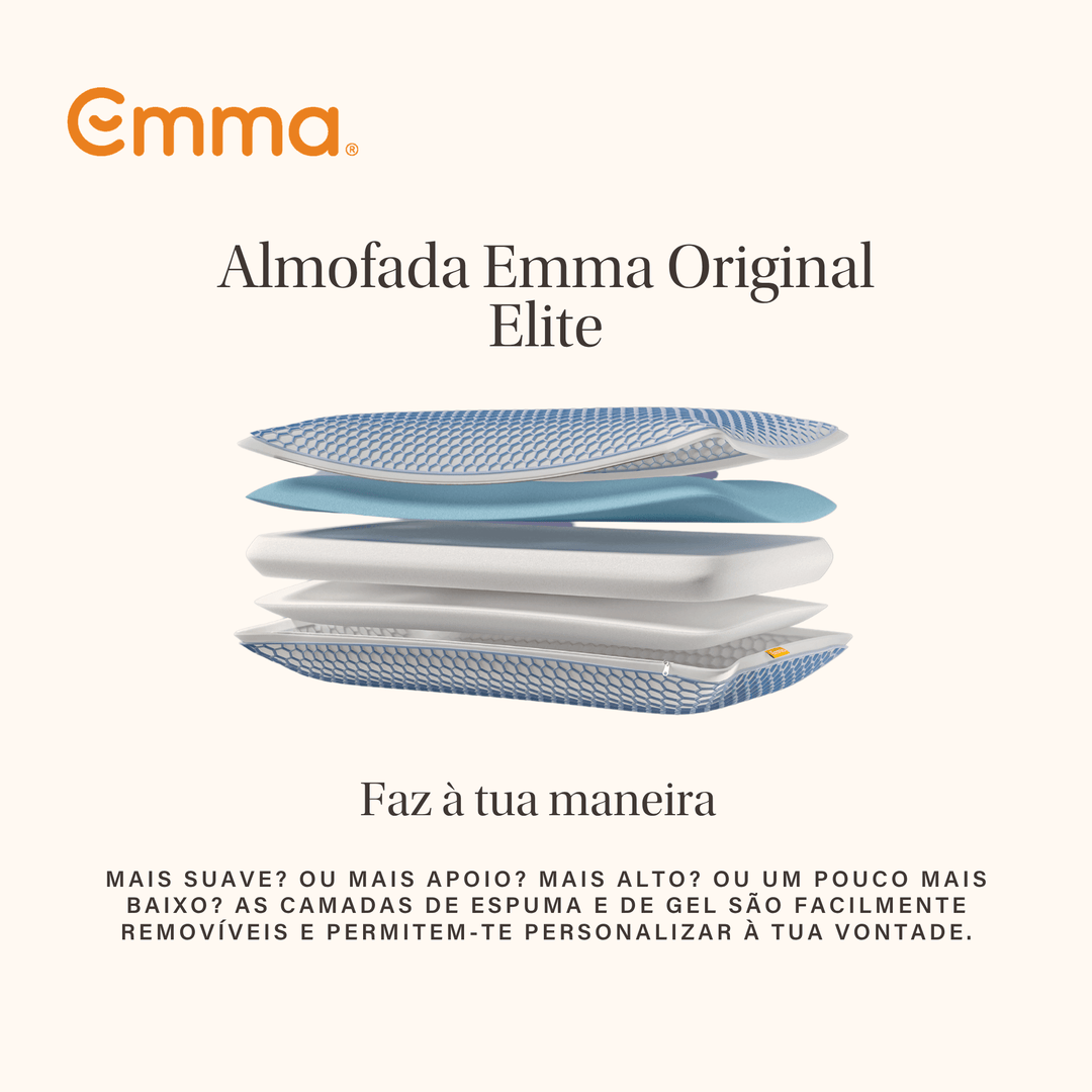Almofada Emma Original Elite com tecnologia AirGrid® e camadas ajustáveis para maior frescura e suporte ergonómico.
