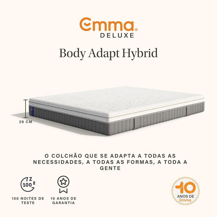 Colchão Emma Body Adapt, vista em perspectiva com informação escrita