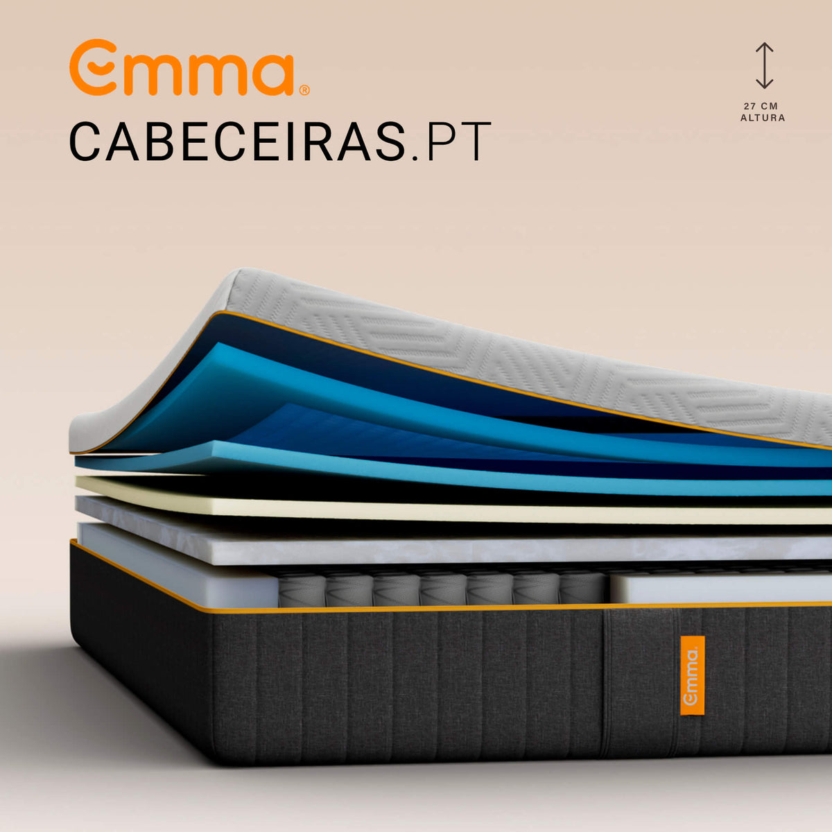 Camadas levantadas do Colchão Emma Original Elite sobre base de molas escura