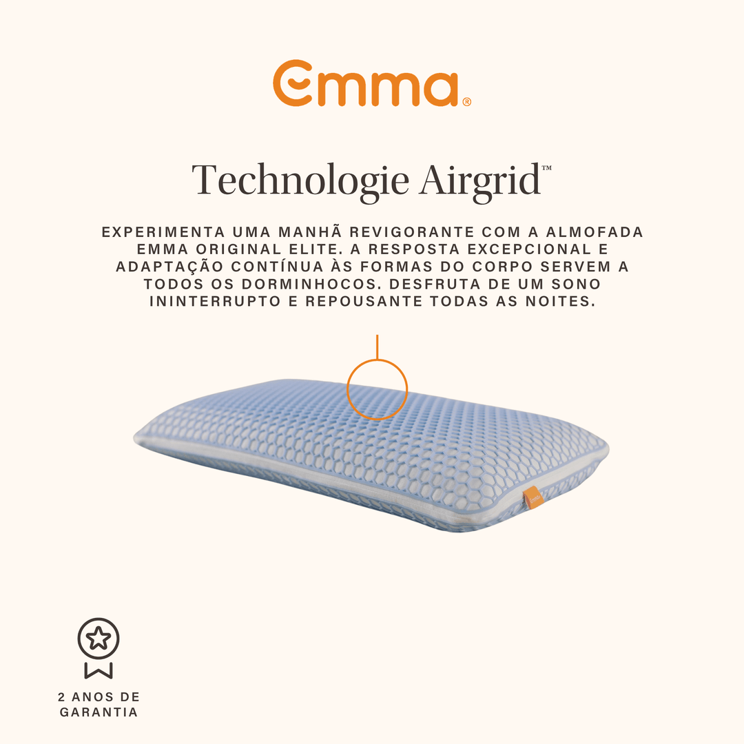 Almofada Emma Original Elite com tecnologia AirGrid® e camadas ajustáveis para maior frescura e suporte ergonómico.