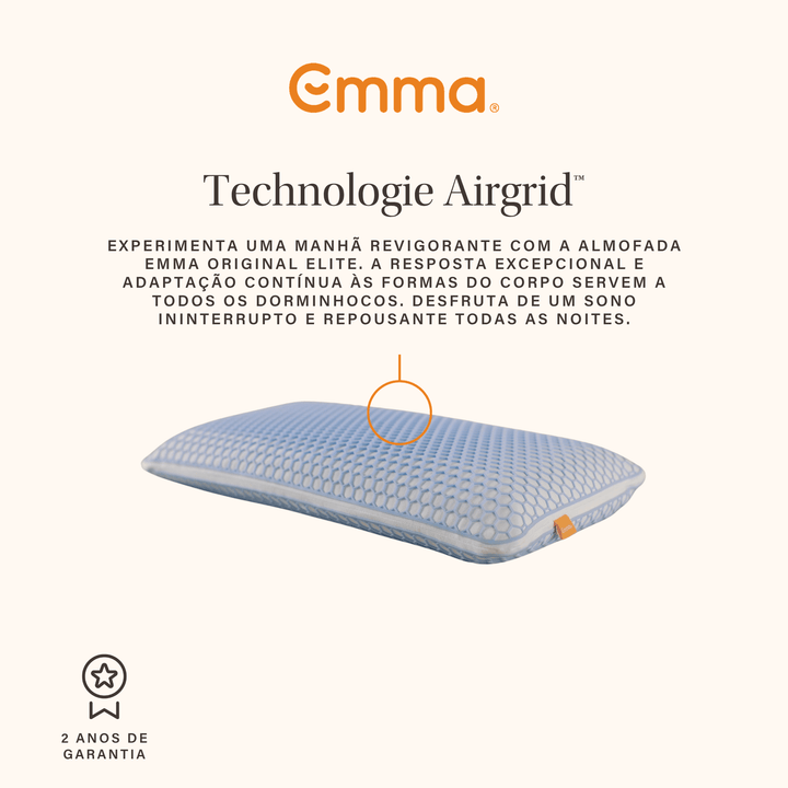 Almofada Emma Original Elite com tecnologia AirGrid® e camadas ajustáveis para maior frescura e suporte ergonómico.