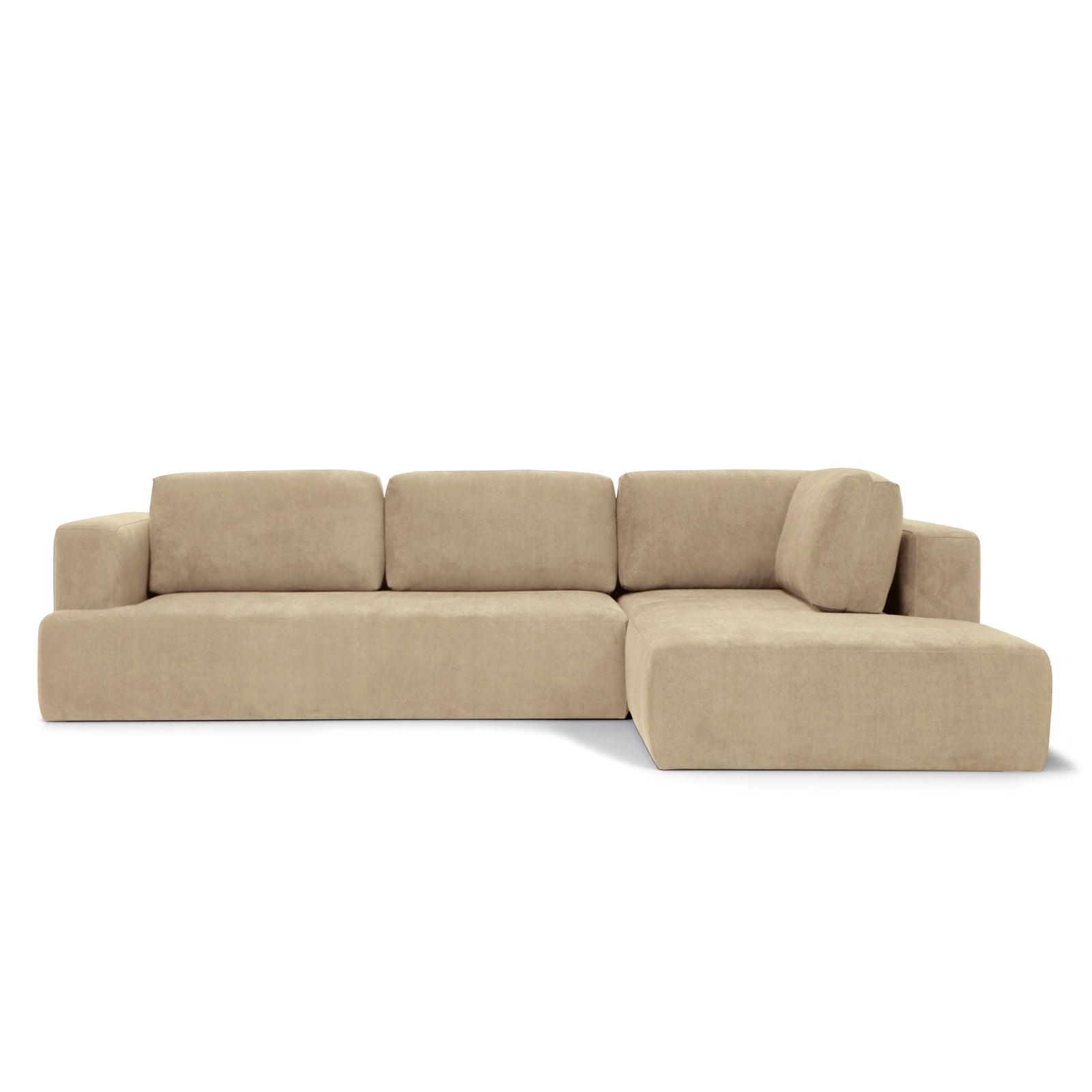 Sofá Blazer com chaise longue em tecido claro, design moderno e minimalista para sala contemporânea