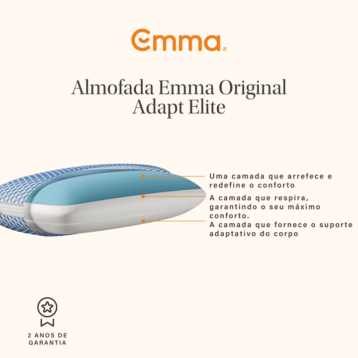 Almofada Emma Original Elite com tecnologia AirGrid® e camadas ajustáveis para maior frescura e suporte ergonómico.