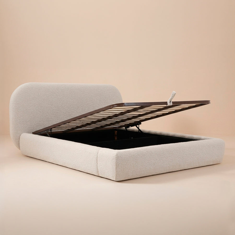 Cama Amalfi estofada com estrado elevatório aberto e arrumação interior, design moderno e minimalista