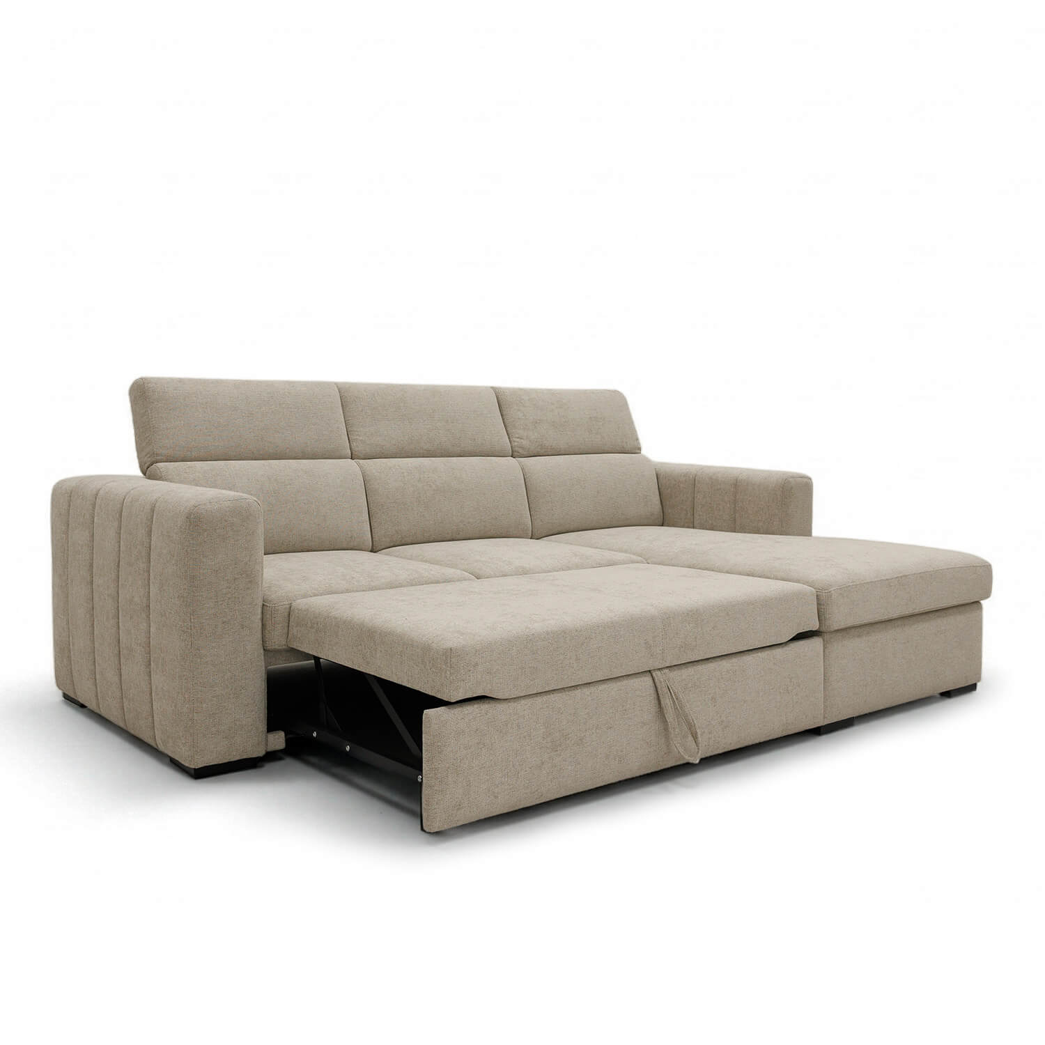 Sofá Gabi com chaise longue, arrumação elevatória e função sofá-cama, estofado em tecido bege de estilo contemporâneo.