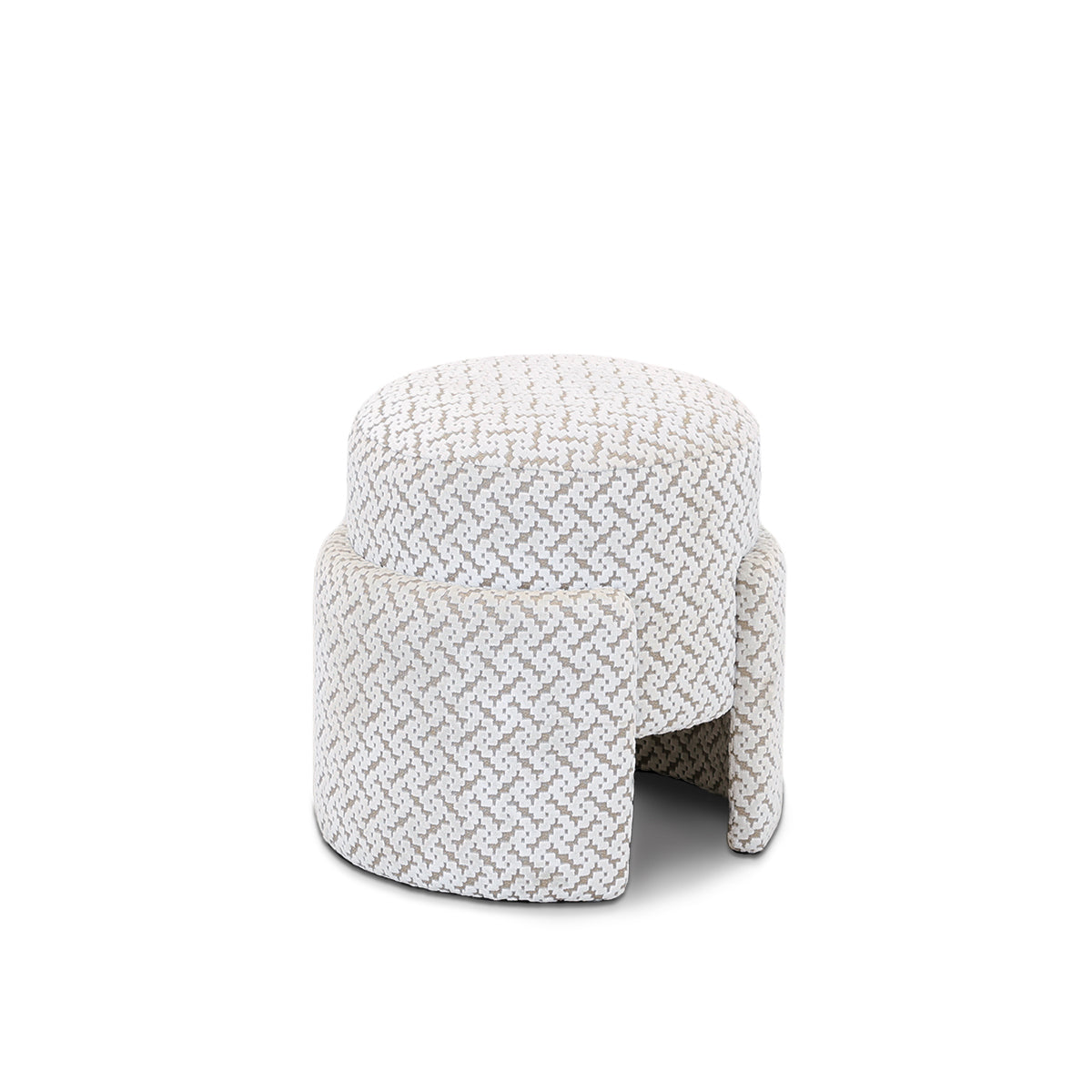 Puff Tokyo com design curvo e contemporâneo em tecido estampado, peça decorativa para sala moderna