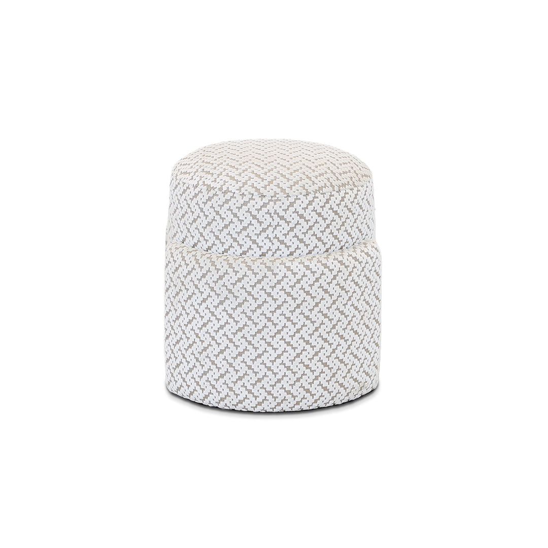 Puff Tokyo com design curvo e contemporâneo em tecido estampado, peça decorativa para sala moderna