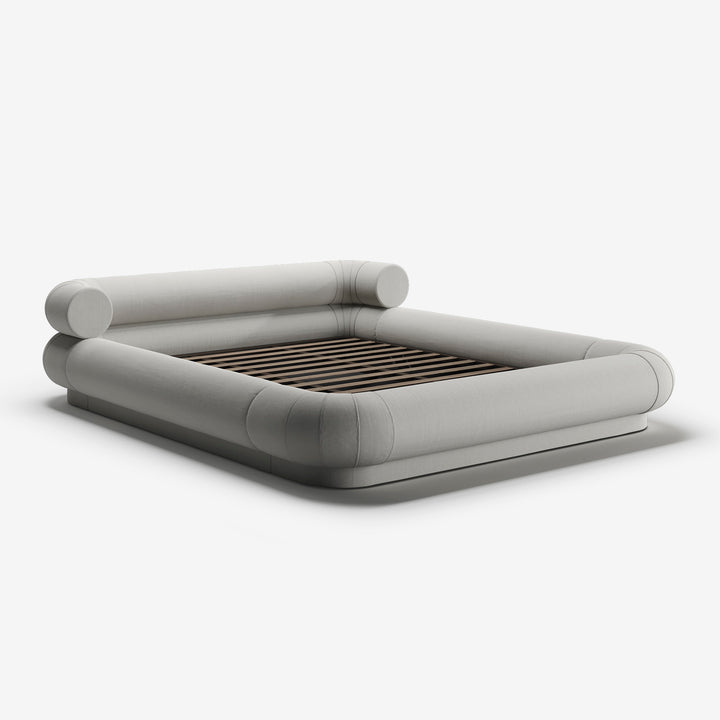 cama moderna estofada em tecido cinza
