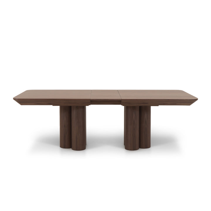 Mesa de Jantar extensível, com pés redondos e cor nogueira, vista em de frente