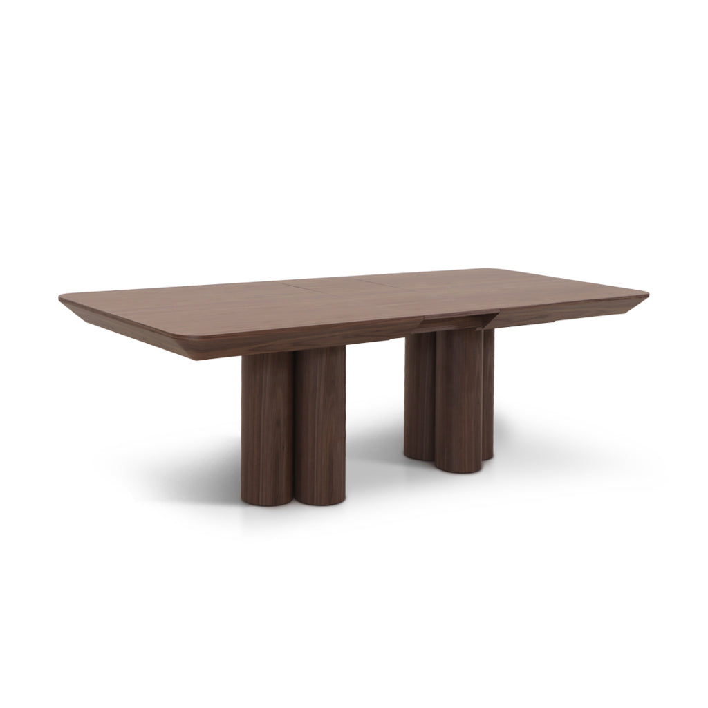 Mesa de jantar extensível, a cor de nogueira, vista em perspetiva