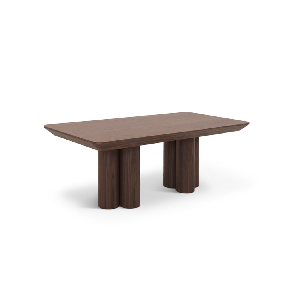 Mesa de Jantar com pés redondos e cor nogueira, vista em perspetiva