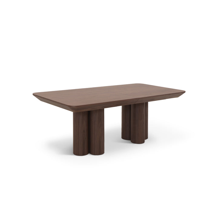 Mesa de Jantar com pés redondos e cor nogueira, vista em perspetiva
