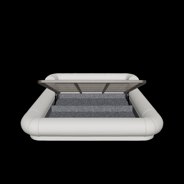 Cama estofada de cor cinza com visualização 3D