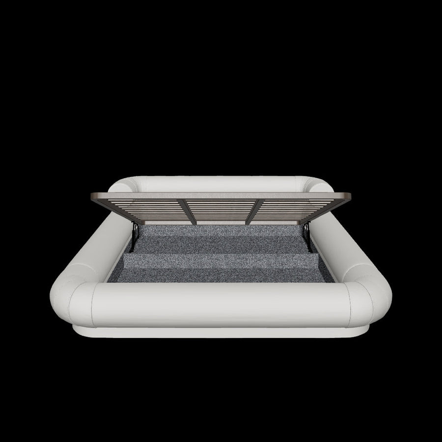 Cama estofada de cor cinza com visualização 3D