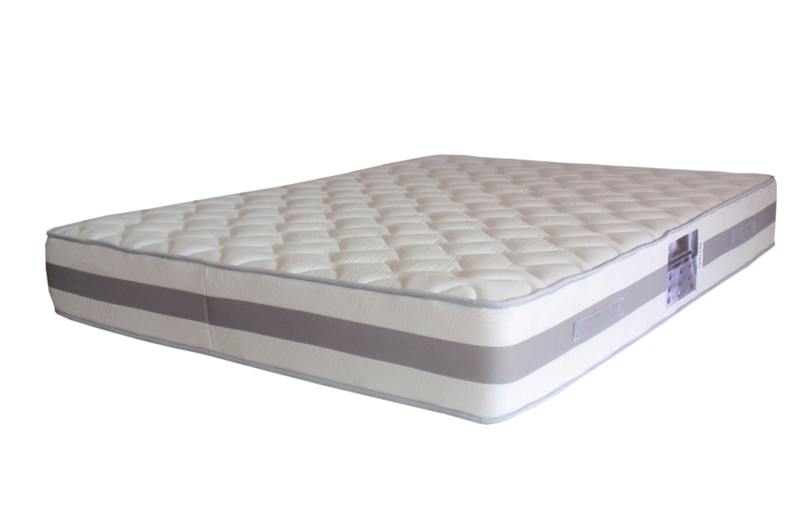 Colchão branco com superfície acolchoada em padrão quadrado e faixa lateral cinzenta.