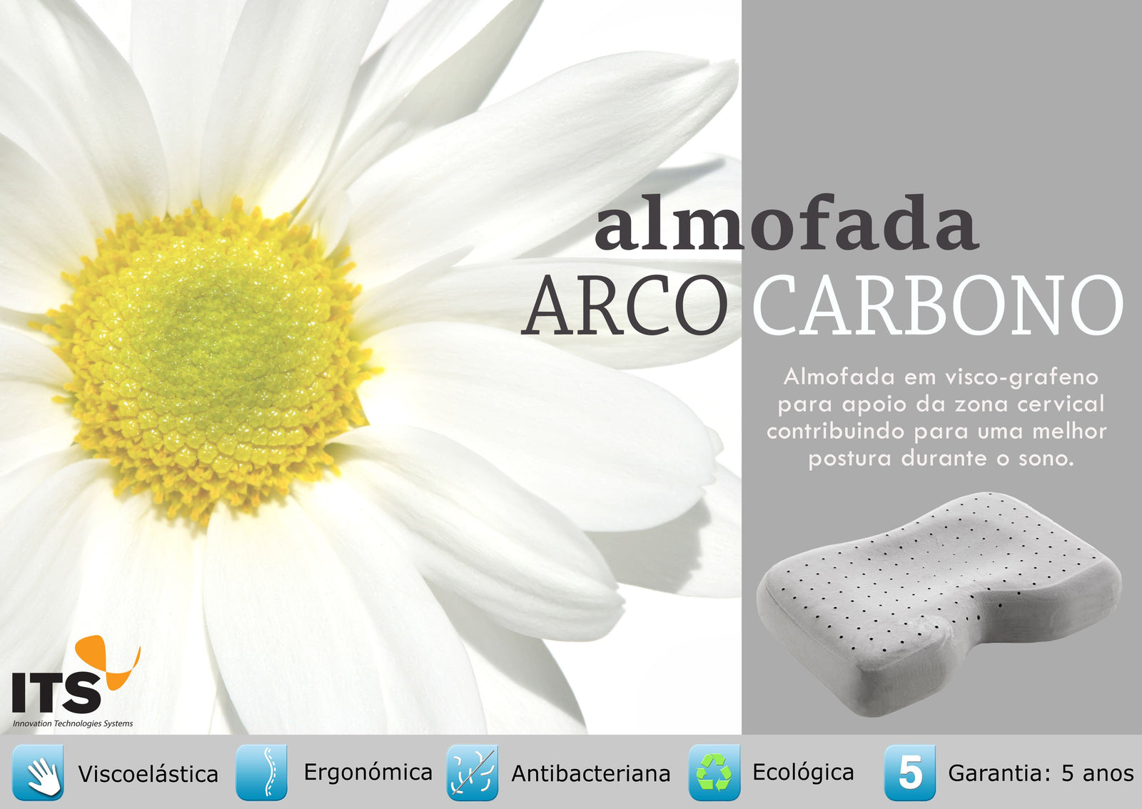 Almofada ARCO CARBONO em visco-grafeno, cinzenta e contornada, para apoio cervical e melhor postura. Viscoelástica, ergonómica, com 5 anos de garantia.