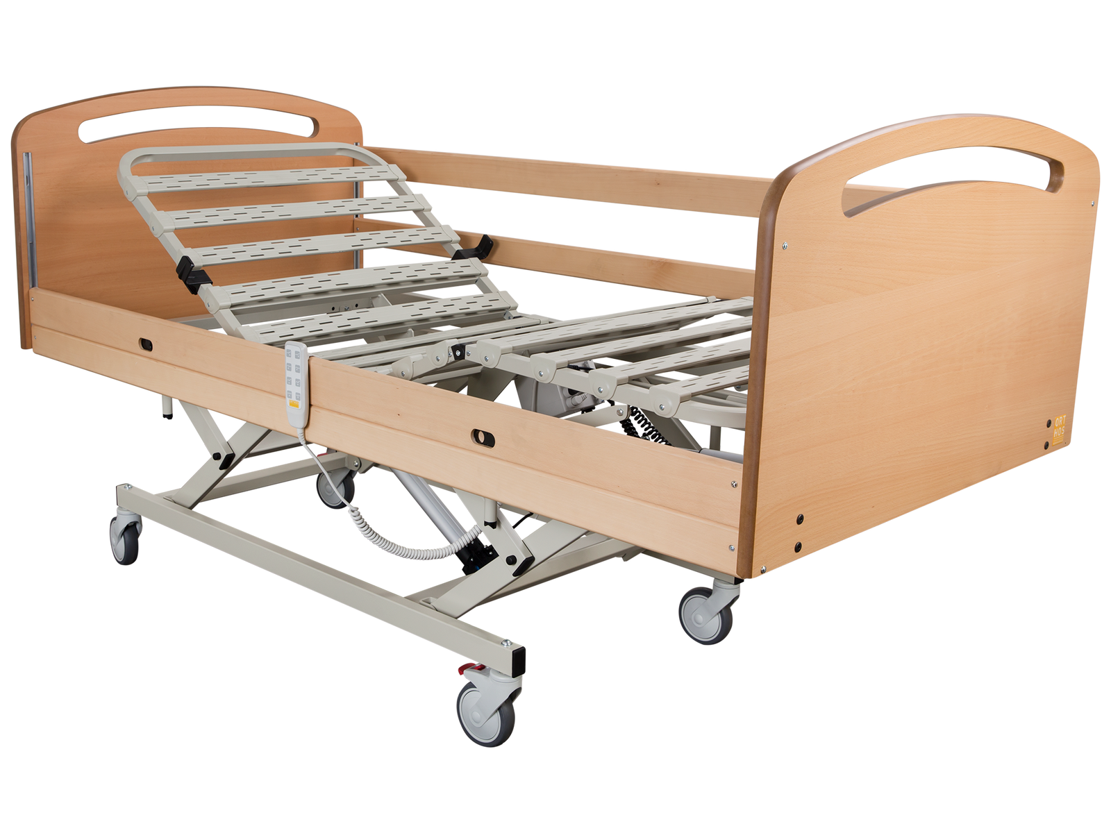Cama hospitalar articulada elétrica com cabeceira e peseira em madeira clara, estrado metálico ajustável e rodas.