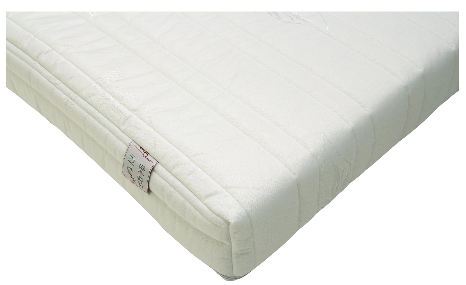 Colchão branco acolchoado com padrão de linhas horizontais e etiqueta lateral com o texto 'מזרונים by Ahad'.