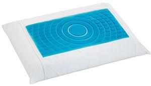 Almofada branca retangular com uma camada de gel azul texturizado para arrefecimento na parte superior.