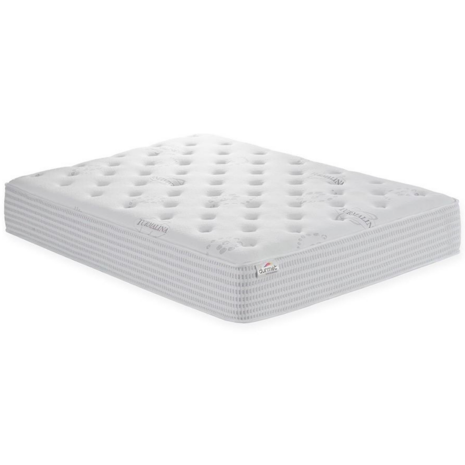 Colchão branco com superfície acolchoada e padrão texturizado nas laterais. O nome 'TURMALINA' e o logótipo 'durmet' são visíveis.